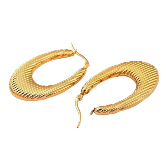 24K Gold Plated Lined Teardrop Hoop Pierced Post Earrings 44mm Long Stainless - Picture 8 of 12